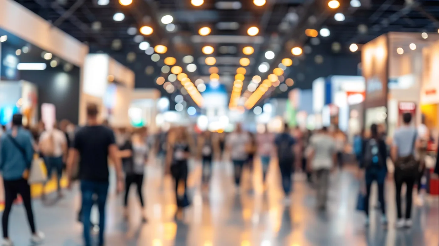Allée d'un salon professionnel, visiteurs circulant entre les stands